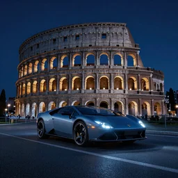 a #Jigouli car in the middle of a road on the night Rome, blue color grading, cinematic color grading , unreal 5, hyperrealistic, realistic, photorealistic, dynamic lighting, highly detailed, cinematic landscape, studio landscape, studio lighting