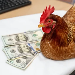 a stately close - up photograph of a chicken next to several 1 0 0 dollar bills on a white cloth on an office table