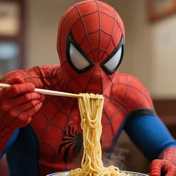 close up zoom photo of spiderman eating noodles