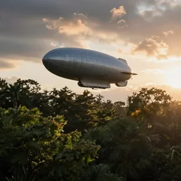 an airship skimming the tree tops at dawn