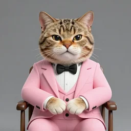 3d render, anthropomorphic cat male tabby, wearing a pink tux, sitting with hands folded on a chair with a smirk on his face.