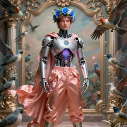 full-body cyberpunk style sculpture of a young handsome Maluma as a half prince half android with a chest opening exposing circuitry and electric sparks, glowing pink eyes, crown of blue flowers,  flowing salmon-colored silk, fabric, raptors. baroque elements. full-length view. baroque element. intricate artwork by caravaggio.  many many birds birds on  background. Trending on artstation, octane render, cinematic lighting from the right, hyper realism, octane render, 8k, depth of field, 3D
