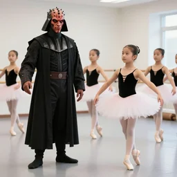 photo of a kids ballet class, darth maul is there in a tutu looking grumpy