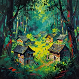 an ancient village in a magical forest, painting by andy warhol