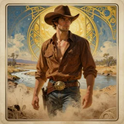 a dramatic, epic, ethereal art deco painting of a handsome brown shirtless cowboy | background is a dry river bed and dust cloud | tarot!! card, art deco, art nouveau, stylized | by mark maggiori | trending on artstation