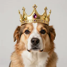 A very realistic photograph of a dog wearing a golden crown with gems.