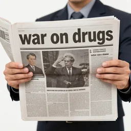 a man holding a newspaper with the headline'war on drugs ', daido moriyama, analogue photography, high contrast, black and white