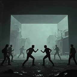 impossible geometry, hall of mirrors, liminal space, cassette futurism, cosmic horror, people fighting, fighting to the death, street fight, atmospheric haze, film. illustration by edward hopper, norman rockwell. film still, 1 6 mm cinematography