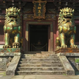 memorable animation key shot of a temple, stone steps, giant symmetrical brass lions, sunlight, entrance, paper texture, detailed, ornate, rust, art deco, metal rivets, by ghibli, unreal engine 5, shinji kimura, scene, cinematic lighting