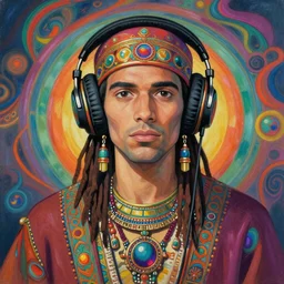 a symmetrical matte portrait of dj came with large headphones, jaunty bearing. award winning portrait, painted, psychedelia hippy, ancient persian. in the style of studio ghibli, well composed, best on artstation, epic, stunning, gorgeous, vivid tones, wow, masterpiece