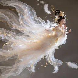 oriental myths, chinese wind fairies flying apsaras, super delicate, and translucent noble and gorgeous tulle, soft light, gold wire, white feathers, super fine, super real, super wide view, movie, fantasy, ray tracing