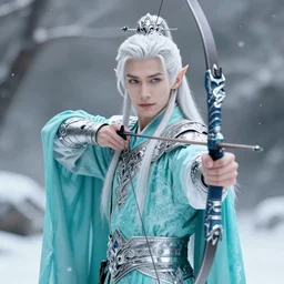 portrait of a handsome male snow elf in a turquoise cape and silver ornate armour as an archer, albino skin, winter vibes, perfect face, full face, elegant, very coherent symmetrical artwork, atmospheric lighting, rule of thirds, by wenjun lin, krenz cushart, charlie bowater, trending on artstation