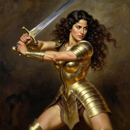 A Boris Vallejo + Julie Bell +  Simon Bisley  and William-Adolphe Bouguereau  oil painting of a beautiful muscular Salma Hayek wearing gold armor holding a large steel sword , dynamic shot , HD 4k , intricate , highly detailed , atmospheric , sharp, uncropped