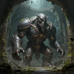massive iron golem guarding an ancient temple, in the style of greg rutkowski, epic fantasy art, highly detailed and intricate, underground, depth of view, crumbled bridge in the background, moss on the walls