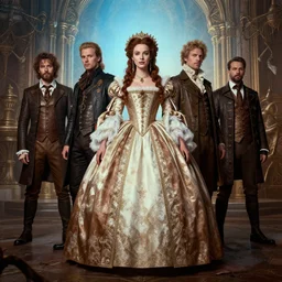 portrait of a baroque princess dress from the fantasy world for the dragon queen atey gailan, greg rutkowski, greg tocchini, james gillard, joe fenton, kete butcher, dynamic lighting, gradient light blue, brown, light cream and white colors, grunge aesthetics, detailed and complex environment