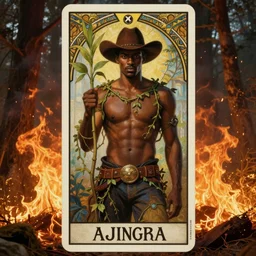 a dramatic ethereal epic symmetrical painting of a handsome black cowboy holding a plant | he is shirtless and draped in vines| background is a forest fire conflagration flames | tarot card, art deco, art nouveau,  (steampunk), homoerotic, realistic | by Dresden Codak, by Mark Maggiori and ((((Alphonse Mucha))) | trending on artstation