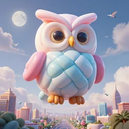 elaborate, giant, massive, detailed, 3 d, pastel, blowup balloon owl with eyes and mouth, twisting geometry, floating in a 3 d painted, moonlight sky with clouds and birds, cinematic, 3 d designed city, 4 k by'eva cremers'and'lesley barnes'and'jordan coelho'and wes anderson and james jean
