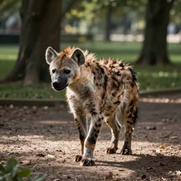 a female hyena fursona walking through a park
