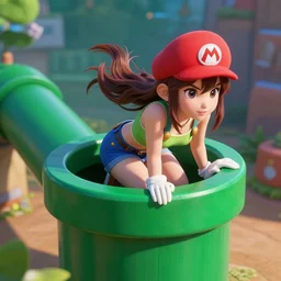 beautiful anime woman popping out of a Mario warp pipe, fantasy, extreme detail, photorealism, octane render, cinematic lighting.