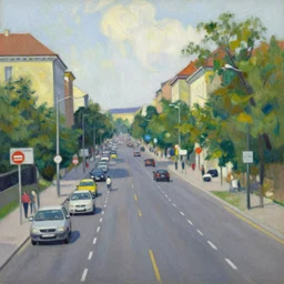 an edward hopper style painting of a busy road of ( ( ( ( ( ( ( ( gyor ) ) ) ) ) ) ) ) in hungary, late - summer, august of 1 9 4 8
