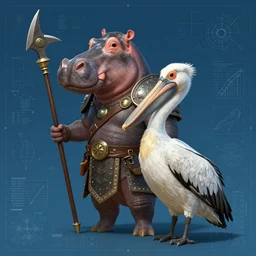 portrait of hippo-pelican paladin with kopesh, in the style of Greg Broadmore and Arthur Rackham,trending on artstation, light lighting side view,digital art,surrealism ,macro,blueprint ,vaporwave ,