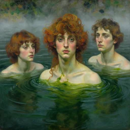 hyperrealist portrait in a river, half body, caustic, dark green water algae by alphonse mucha and lucian freud and bouguereau, fog, very detailed faces