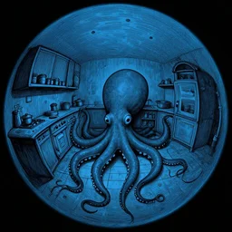 black blue palette, fisheye spiral lines, naive, extra narrow, detailed illustration of a kitchen, large floor, octopus shaped by rhads from lorax movie, trending artstation, dark blue underwater