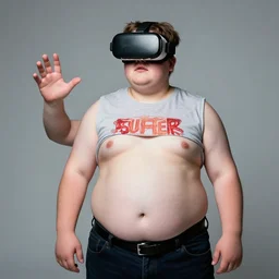 Studio Photograph of a real life Super morbidly obese 800 pound American teenager Fat Albert wearing VR goggles in the Style of Annie Leibovitz,
