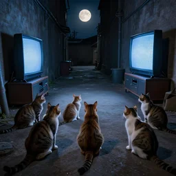 photo of a group of stray cats watching television in a dark alley, studio lighting moonlit