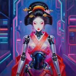 a beautiful painting symmetrical cyberpunk neon future japanese woman geisha robot by moulin rouge artists realistic oil painting