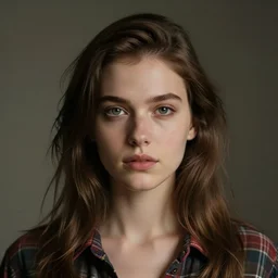 7 0's style : a wonderful realistic focused sweet face mid portrait of a beautiful symmetrical lonely woman with a detailed wonderful symmetrical face who is dressed 7 0's style, dramatic light, octane render - 8 k