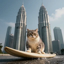 fat cat on surfboard on the twin towers