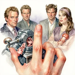 watercolor devils - fingers - fungus chewed gastric surgery horripilation machine by richard corben, boris vallejo, bernie wrightson, ian miller, boris vallejo, & albrecht durer, fine art masterpiece baked at 3 0 0 f, matte painting, backlit dystopian lighting, photorealistic render, cinematic,