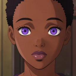 anime poster film still portrait, young black woman, black black black woman, purple colored eyes, ( purple colored eyes!!!!!! ), white french bob hairstyle, green colored bomber jacket, detailed facial features, dynamic pose,, rimlight, cel shaded, 4 k
