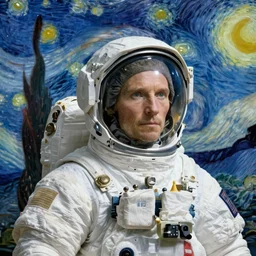 portrait of astronaut, starry night in background, by van gogh