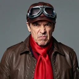 headshot of billy joel wearing a leather cap and aviator goggles, he is also wearing an a 2 flight jacket, a long red silk scarf is wrapped around his neck, he has a 5 o'clock shadow, a crazed angry look on his face