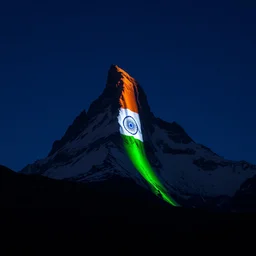 indian flag projected illuminated on the matterhorn mountain at night, top is orange, middle white, bottom green