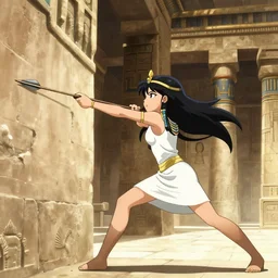 an anime girl dodging an arrow shot from a wall in an ancient Egyptian temple, anime key visual, detailed background