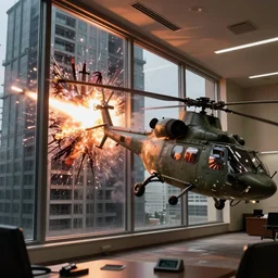 militarily helicopter firing missiles smashes through high rise window, explosions, office interior, by Michael Bay