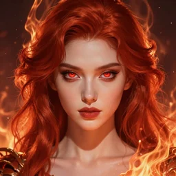 perfectly - centered close - up portrait - photograph of red - haired goddess with glowing - red - eyes, the perfect human female specimen, with a fiery aura, intricate, elegant, super highly detailed, professional digital painting, artstation, concept art, smooth, sharp focus, no blur, no dof, extreme illustration, unreal engine 5, 8 k, by anne stokes