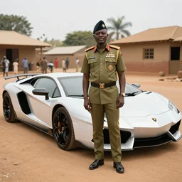 High-quality photograph of an African dictator dressed as a general posing next to his Lamborghini Aventador in an African village