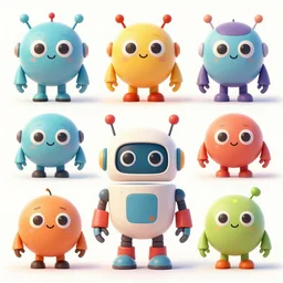 concept sheet of cute colorful 3 d robot characters for kids style by machinarium amanita design, big eyes, simple shapes and forms, masterpiece, intricate concept art, 8 k, artstation