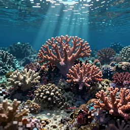 an exotic coral reef in shallow tropical waters, # pixelart