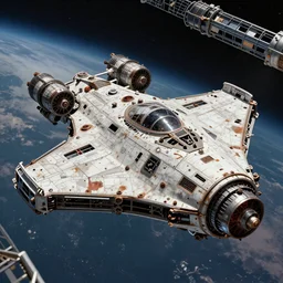 a diy spaceship capable of warp speed, realistic appearance with lots of details like nuts and bolts, rusty parts in the hull. the engines are powered on and we see it from the bridge of a space station, in the style of kandinsky