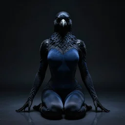 striking character concept portrait, symmetrical, black canary, sitting down with knees together, dark blue leotard costume, bust, curvaceous, medium shot. detailed, high quality, dark lighting, high contrast with dark background, fantasy, reflective, spotlight. digital artwork by artgerm and wlop and alex ross and greg rutkowski and alphonse mucha, trending on artstation
