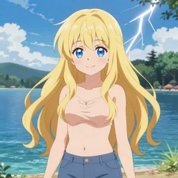a very beautiful anime girl, full body, long wavy blond hair, sky blue eyes, full round face, short smile, cute top, short jeans, summer lake setting, cinematic lightning, medium shot, mid-shot, highly detailed, trending on Artstation, Unreal Engine 4k, cinematic wallpaper by Stanley Artgerm Lau, WLOP, Rossdraws, and Sakimichan