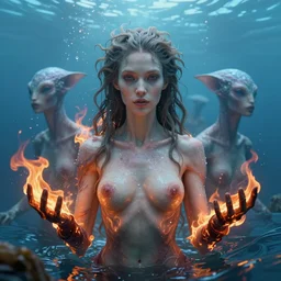 idealistic portrait of loving extraterrestrials coming out of the ocean, fair skin, beautiful hair, gloves, sweating, fantasy art, fire, 8 k digital art, unreal engine, far away, in the style of greg simkins and h. r. giger,