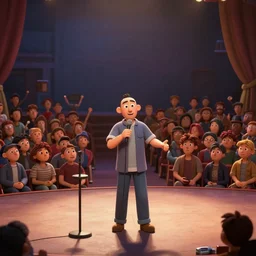 a comedian performing on a stage in front of a large audience. claymation. dof 2 7 0 mm