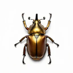 golden rhinoceros beetle, professional studio photo, full body, isolated on a pure white background, centered, entire subject in frame, sharp focus, soft studio lighting