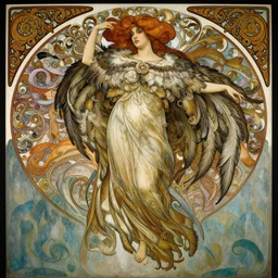 a beautifull intricate painting of a beatifull woman wearing a feathered cloak surrounded by ornate tendrils, flying silk, internse colors, hyper detailed, artstation, by jeremy mann, by alphonse mucha, by gustave dore